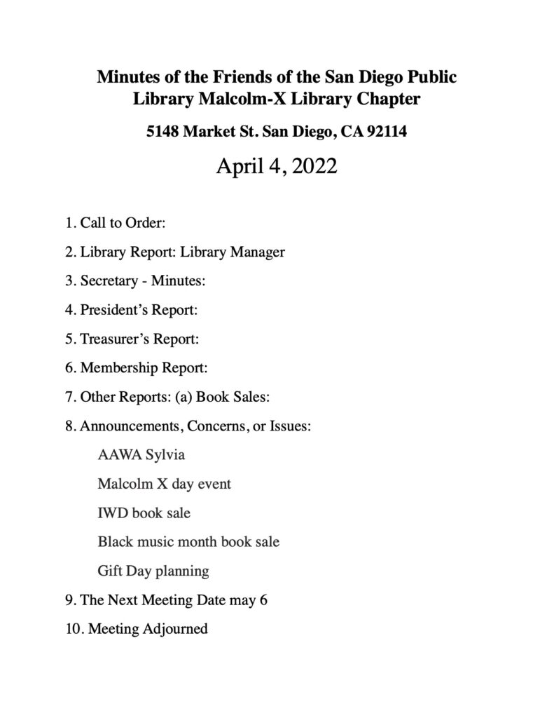 Friends of Malcolm X Library Monthly Meeting April 4, 2022